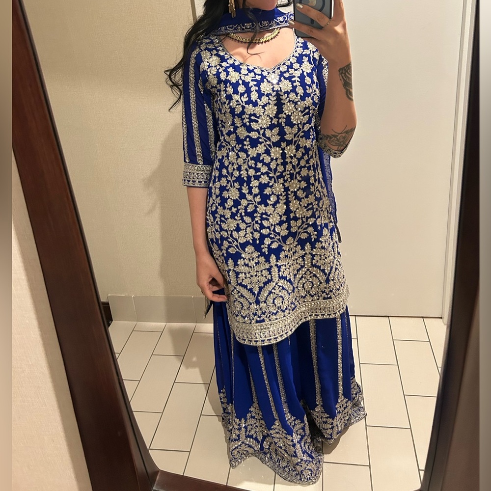 Blue Embroidered Women's Sharara with Silver Detail